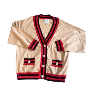 ALEXIA ADMOR Frances Longline Menswear Cardigan w/ Jewel Buttons Red/Tan Sz L